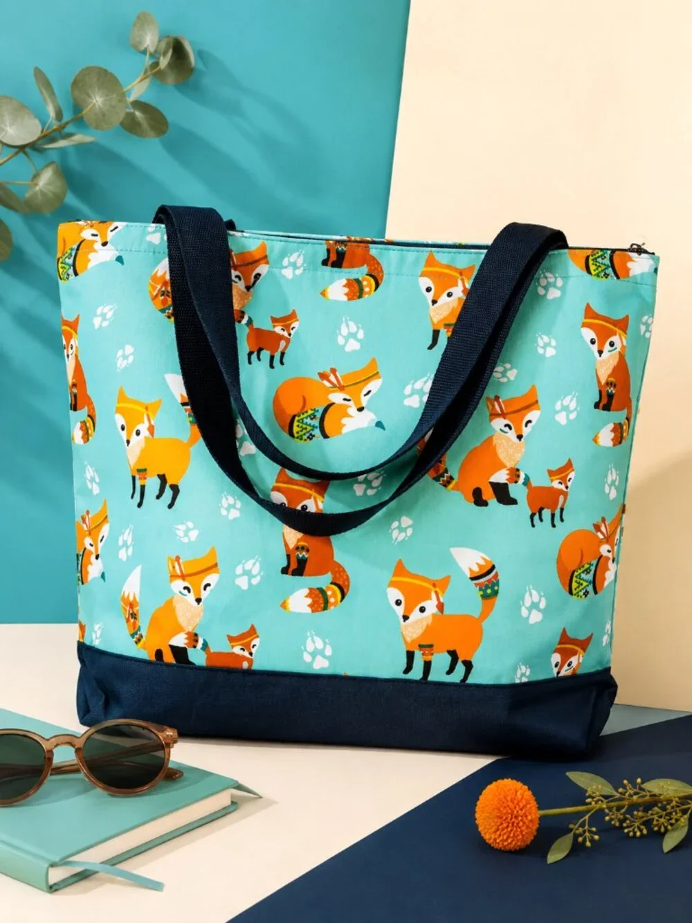 Whimsical Fox Print Tote Bag Aqua Orange Woodland Animal Navy Handles NWT